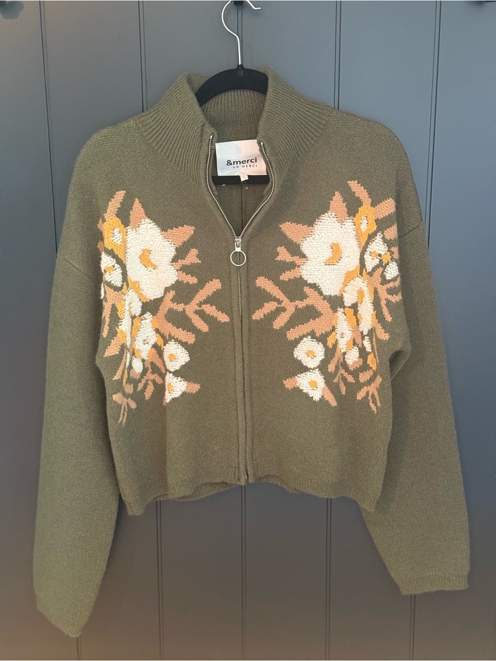 🫒 NEW &merci Women’s Olive Green Floral Zip-Up Sweater Jacket Size L - Picture 4 of 13